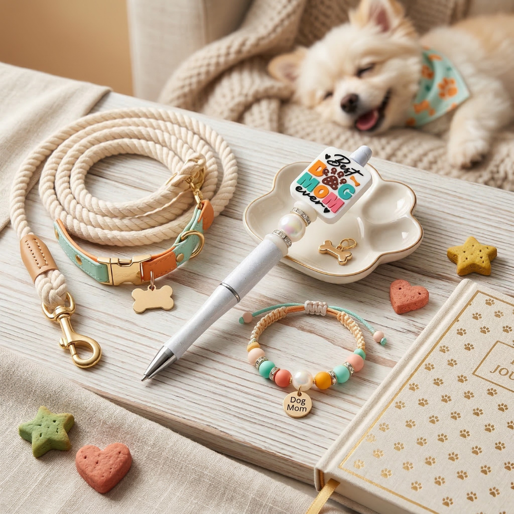 Dog accessories including a leash, pen, and bracelet on an open book with a sleeping dog in the background.