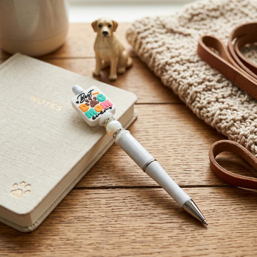 White pen with colorful eraser on a wooden surface next to a notebook and small dog figurine.