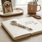 Notebook with pen, photo of a dog, and mug on a wooden surface