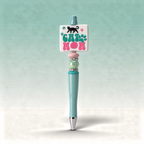 Pen with a decorative top featuring 'Cat Mom' text on a light blue background
