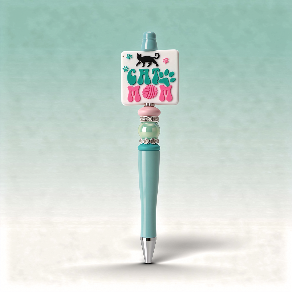 Pen with a decorative top featuring 'Cat Mom' text on a light blue background