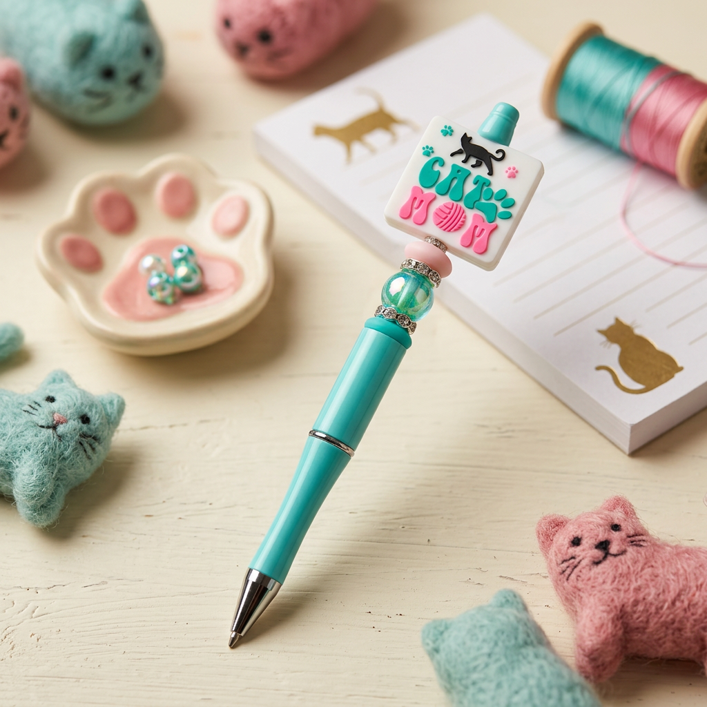 Turquoise pen with cat-themed design on a surface with cat-themed items