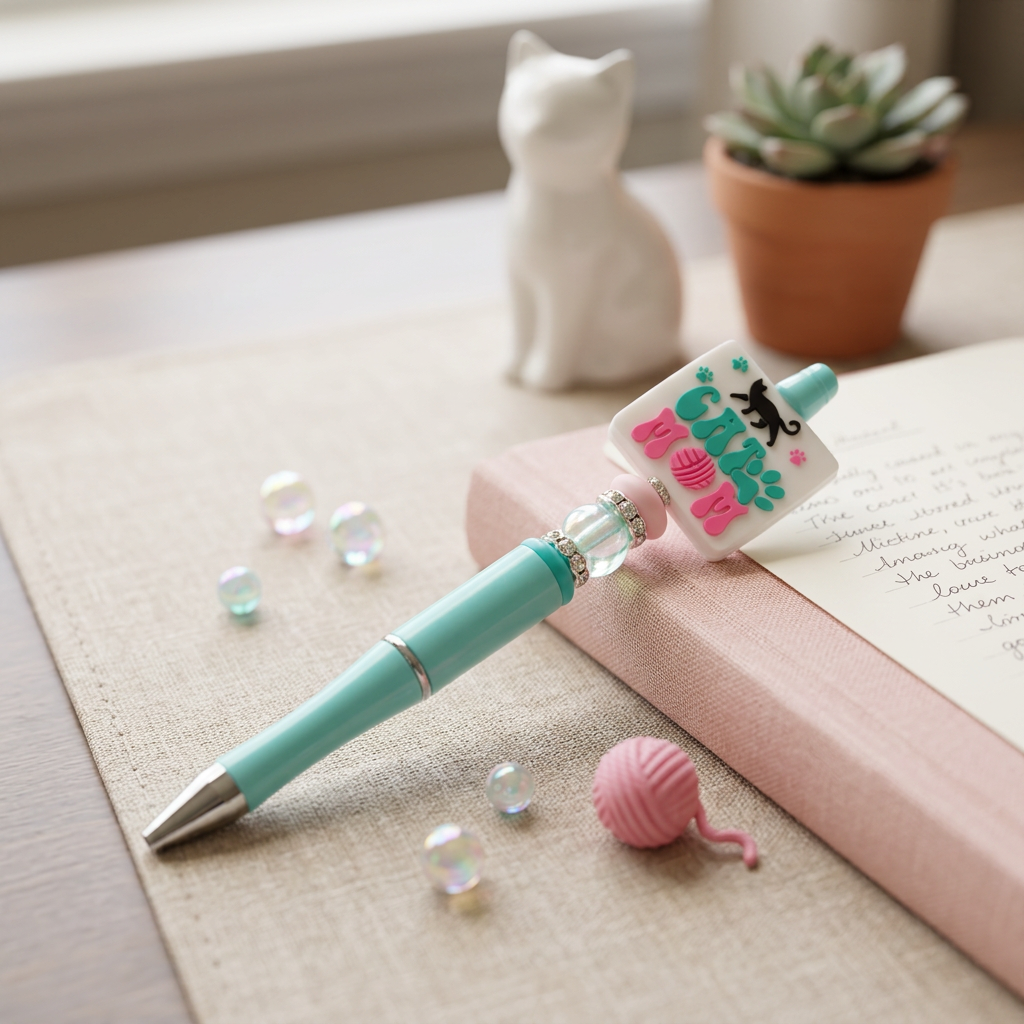 Teal pen with decorative top on a desk with stationery items