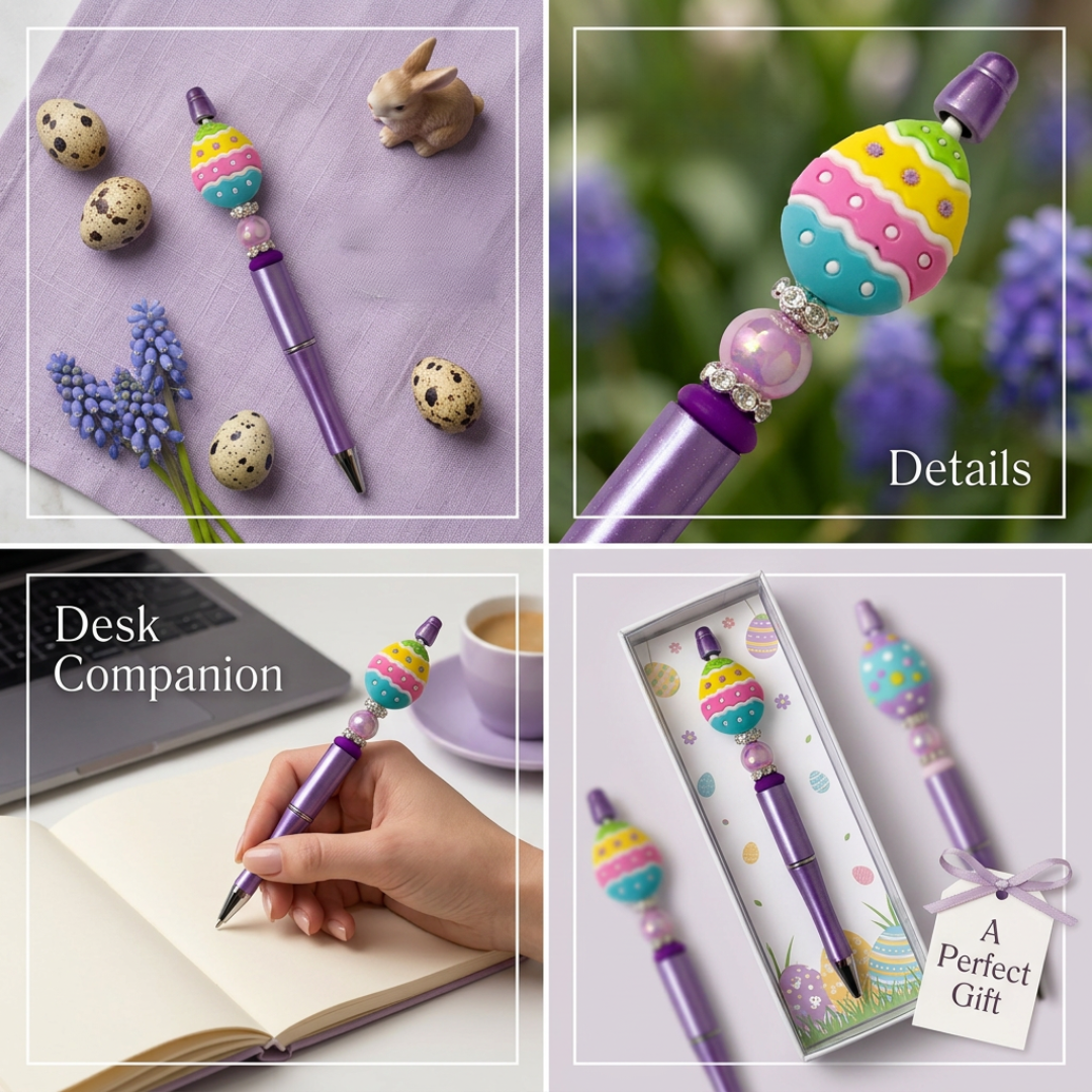 Collage of a decorative pen with Easter-themed beads and a rabbit figurine on a purple surface.