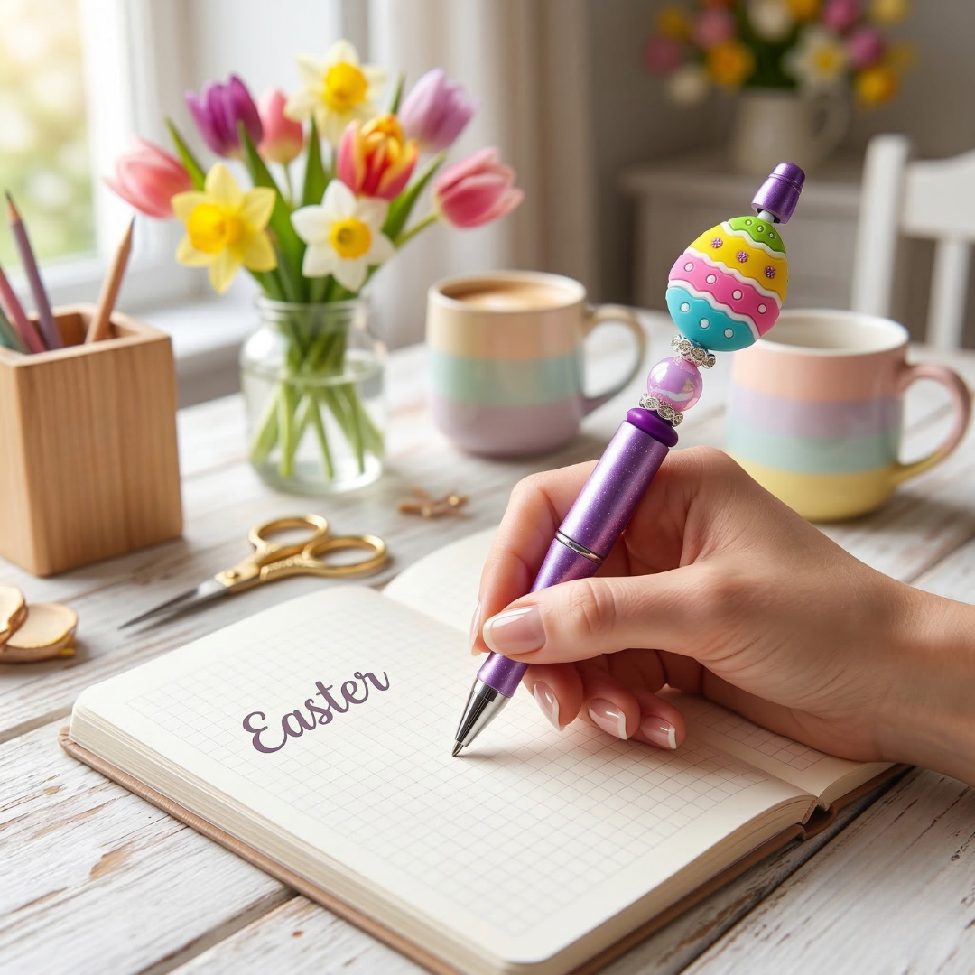 Hand holding a decorative pen over an open notebook with 'Easter' written on it, on a table with flowers and mugs.