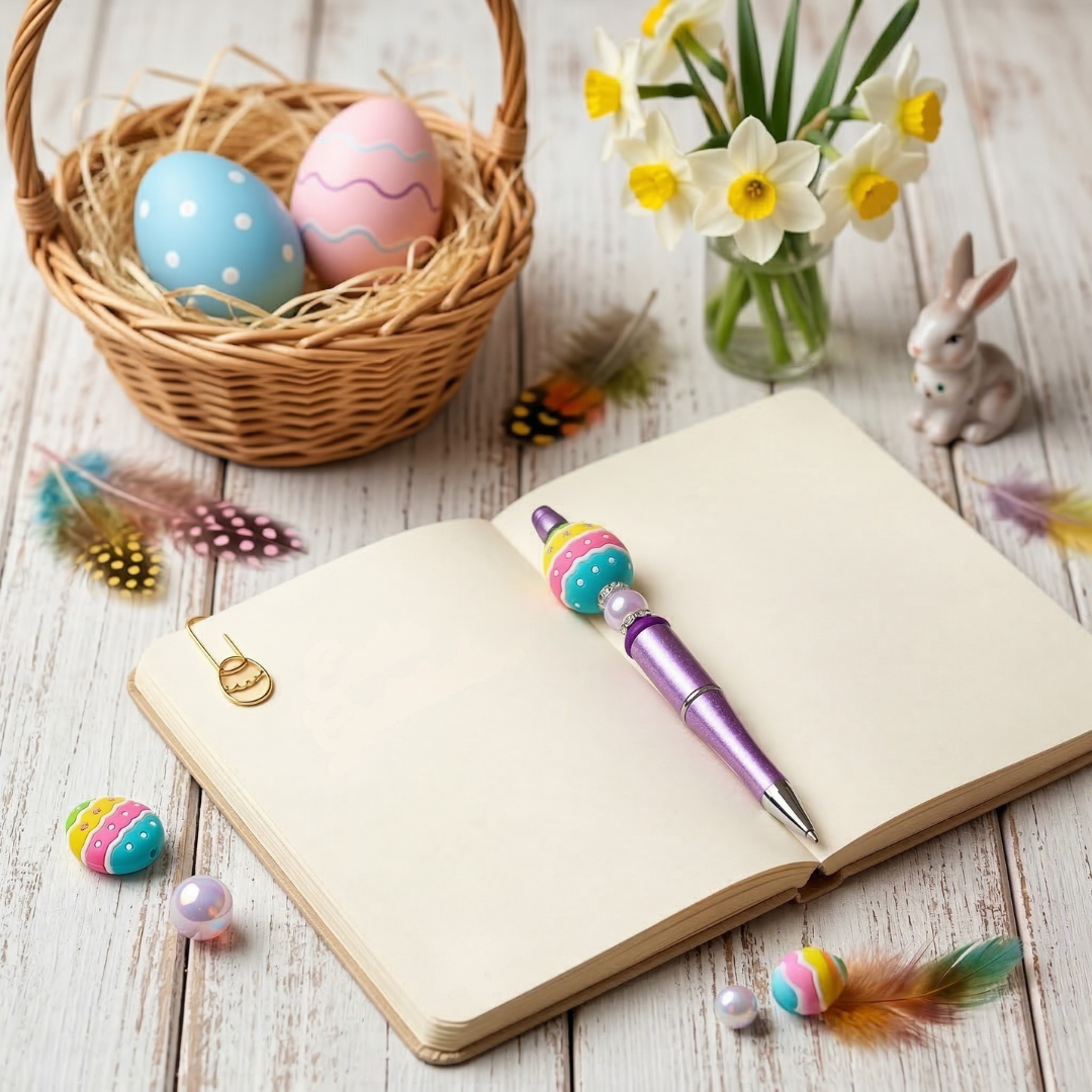 Easter-themed pen with decorative elements on a notebook, surrounded by Easter eggs and flowers.