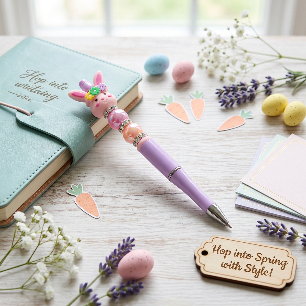 Decorative pen with rabbit design on a table with Easter decorations
