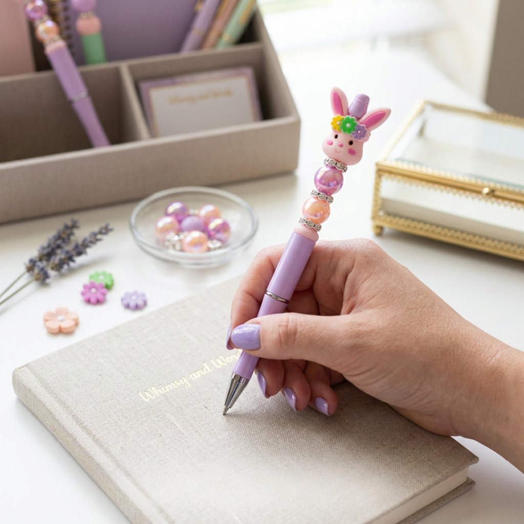Hand holding a decorative pen with a rabbit design on a desk with stationery items.