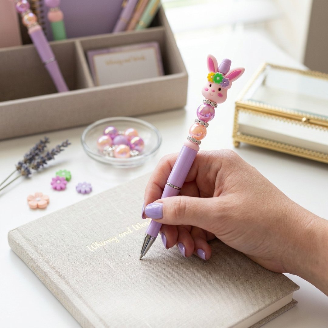 Hand holding a decorative pen with a rabbit design on a desk with stationery items.