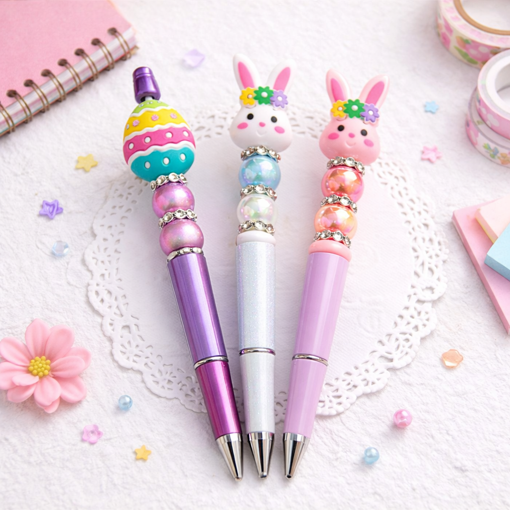 Three decorative pens with rabbit designs on a white surface with stationery items.