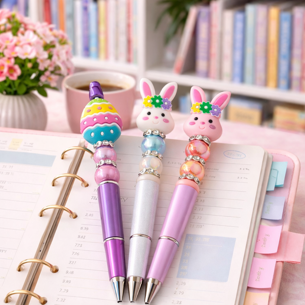 Three colorful pens with rabbit designs on a planner with a bookshelf in the background.