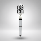 Pen with 'Dog Dad' and paw print design on a gray background