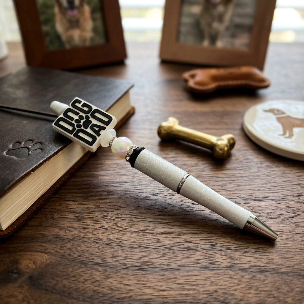 White pen with 'Dog Dad' clip on a wooden surface with pet-themed decor.