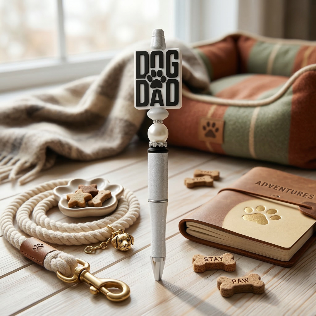 Pen with 'Dog Dad' sign, leash, and dog treats on a wooden surface.