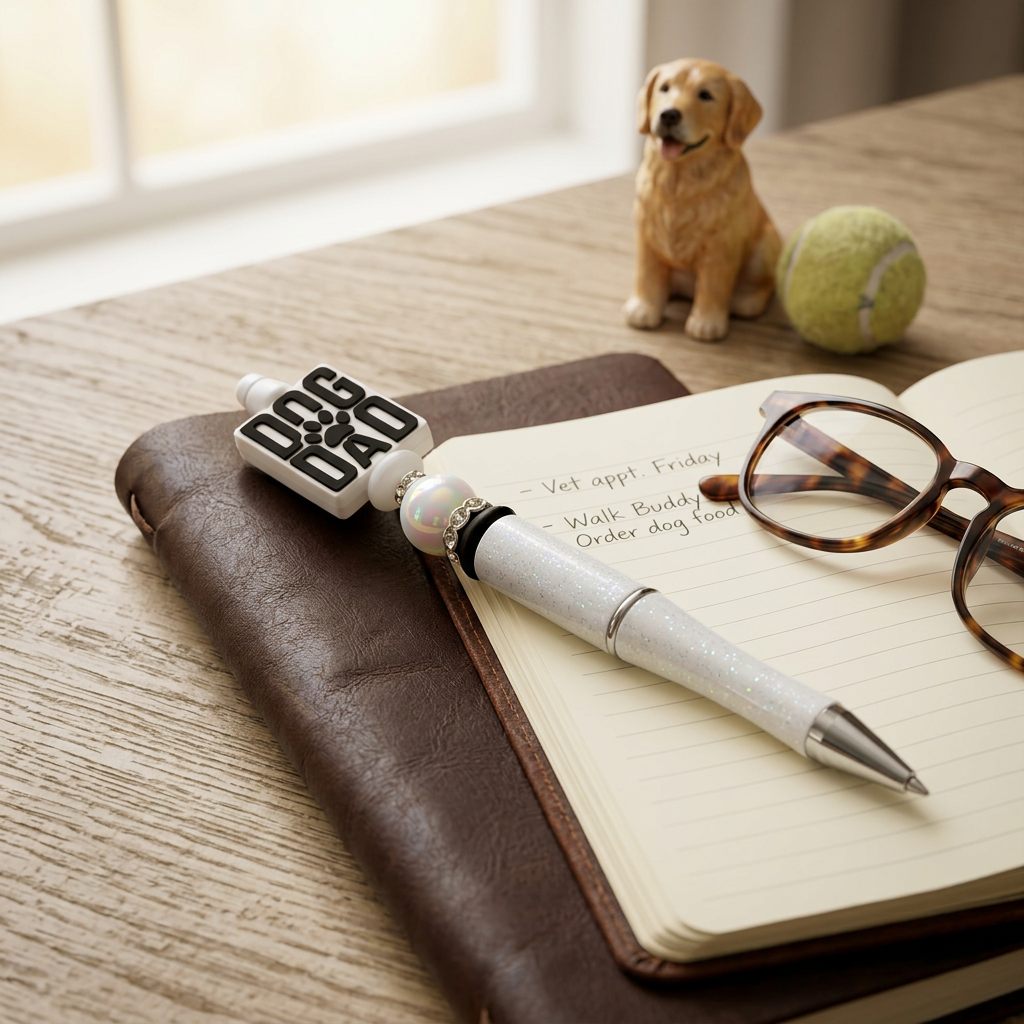 Pen with 'Dog Dad' design on a notebook next to a dog and tennis ball on a table.
