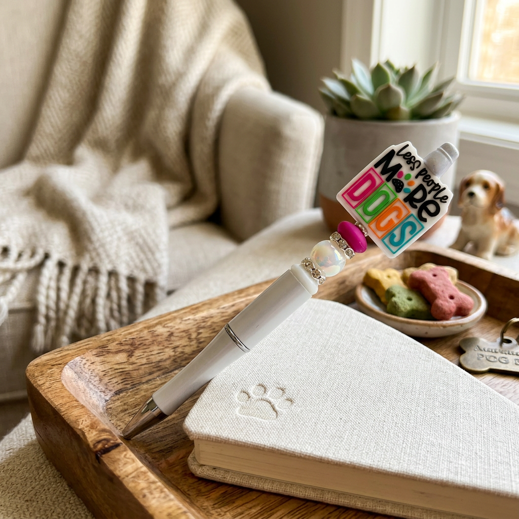 White pen with colorful top on a wooden tray next to a notebook, with a cozy indoor setting in the background.