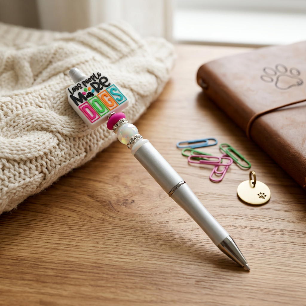 White pen with a colorful clip on a wooden surface next to a knitted blanket and leather-bound book.