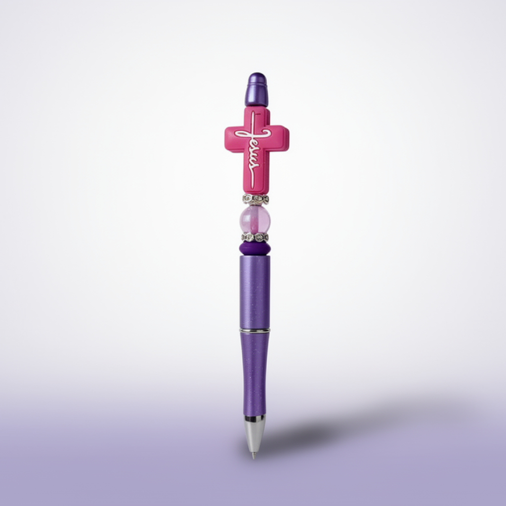 Pen with purple and pink design on a light purple background