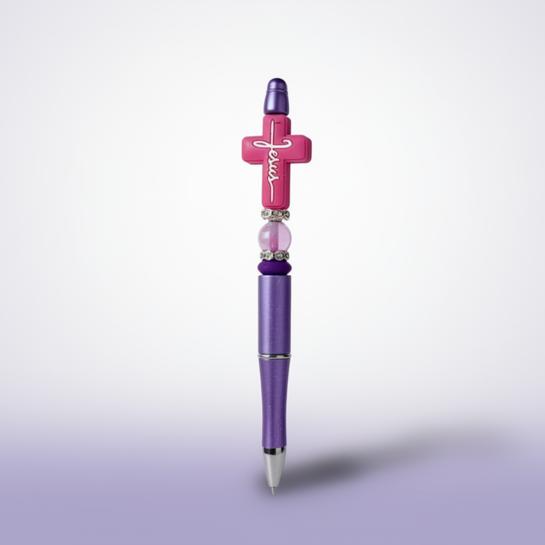 Pen with purple and pink design on a light purple background
