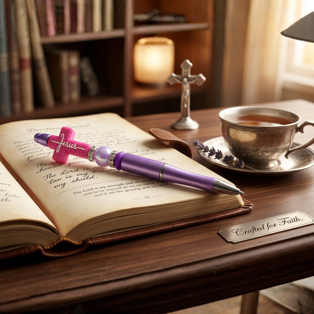 Purple pen with pink accents on an open book next to a cup of tea and a cross on a wooden table.
