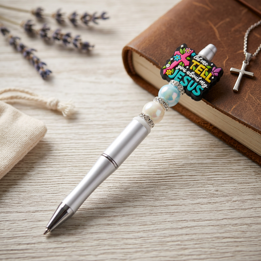 Pen with decorative clip featuring 'TELL YOUR FRIENDS ABOUT JESUS' on a wooden surface with lavender and a book.