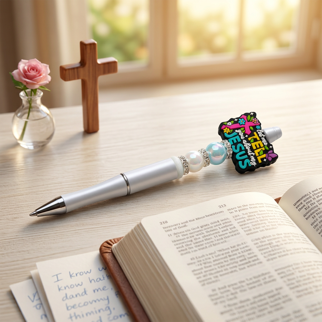 Pen with colorful clip on a Bible on a wooden table with a cup of coffee, glasses, and lavender.