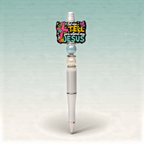 Pen with decorative top and colorful text on a light blue background