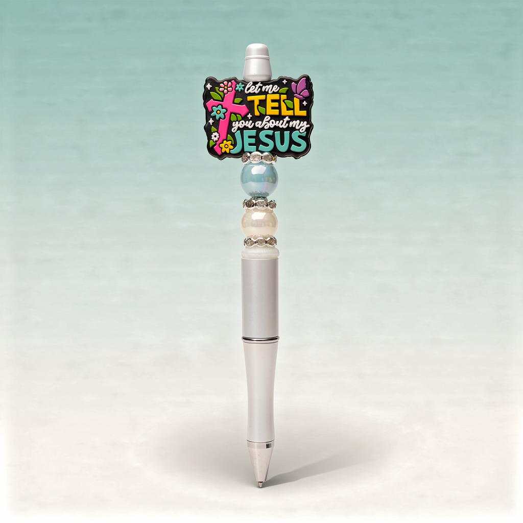 Pen with decorative top and colorful text on a light blue background
