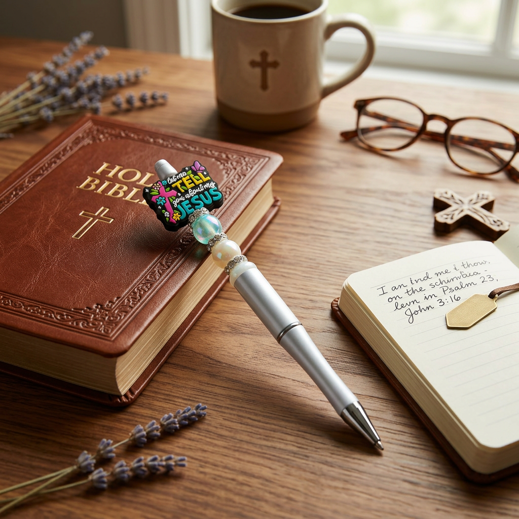 Pen with colorful clip on a Bible on a wooden table with a cup of coffee, glasses, and lavender.