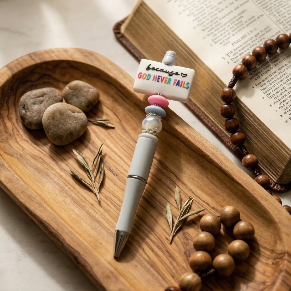 Pen with motivational message on top of a wooden tray with stones and a book.