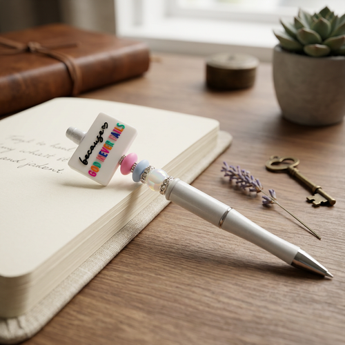 White pen with decorative top on a wooden surface next to a notebook and small plant