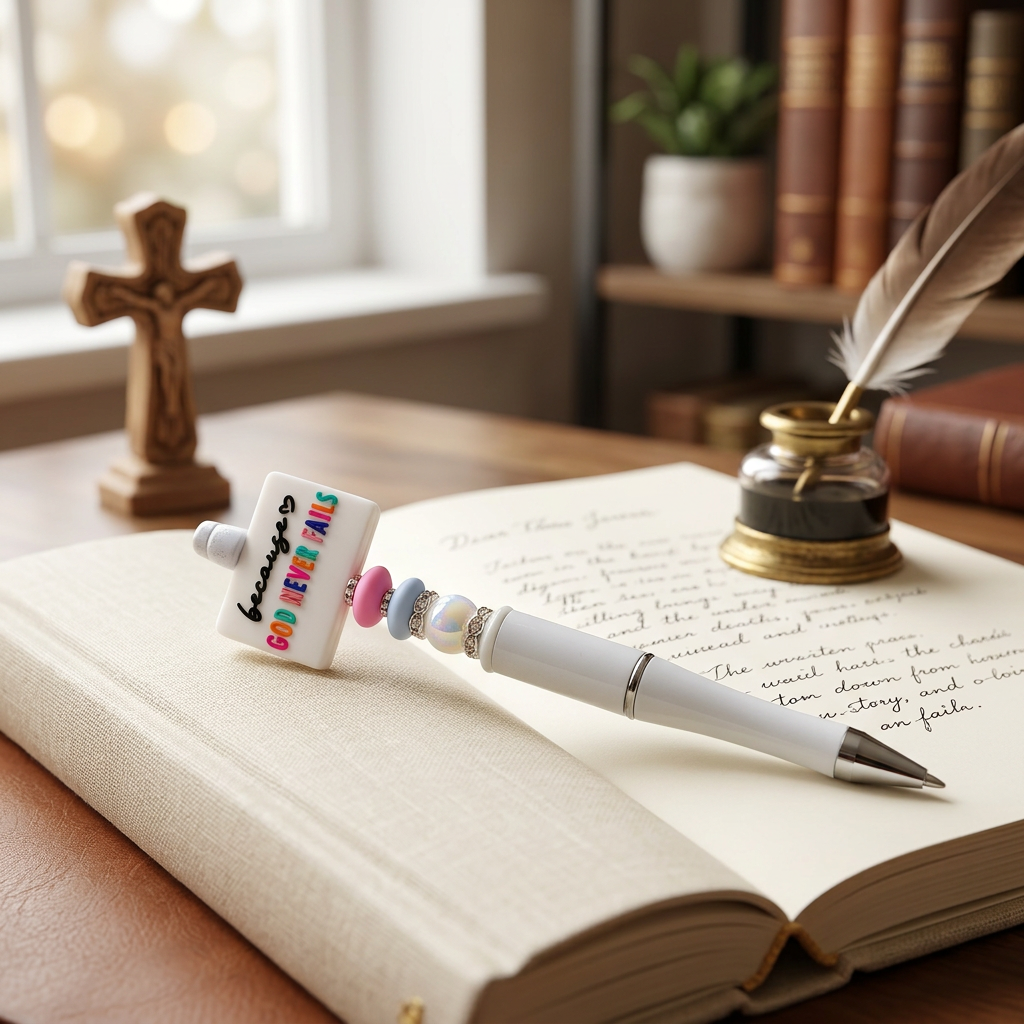 Pen with colorful top on an open book in a cozy room setting