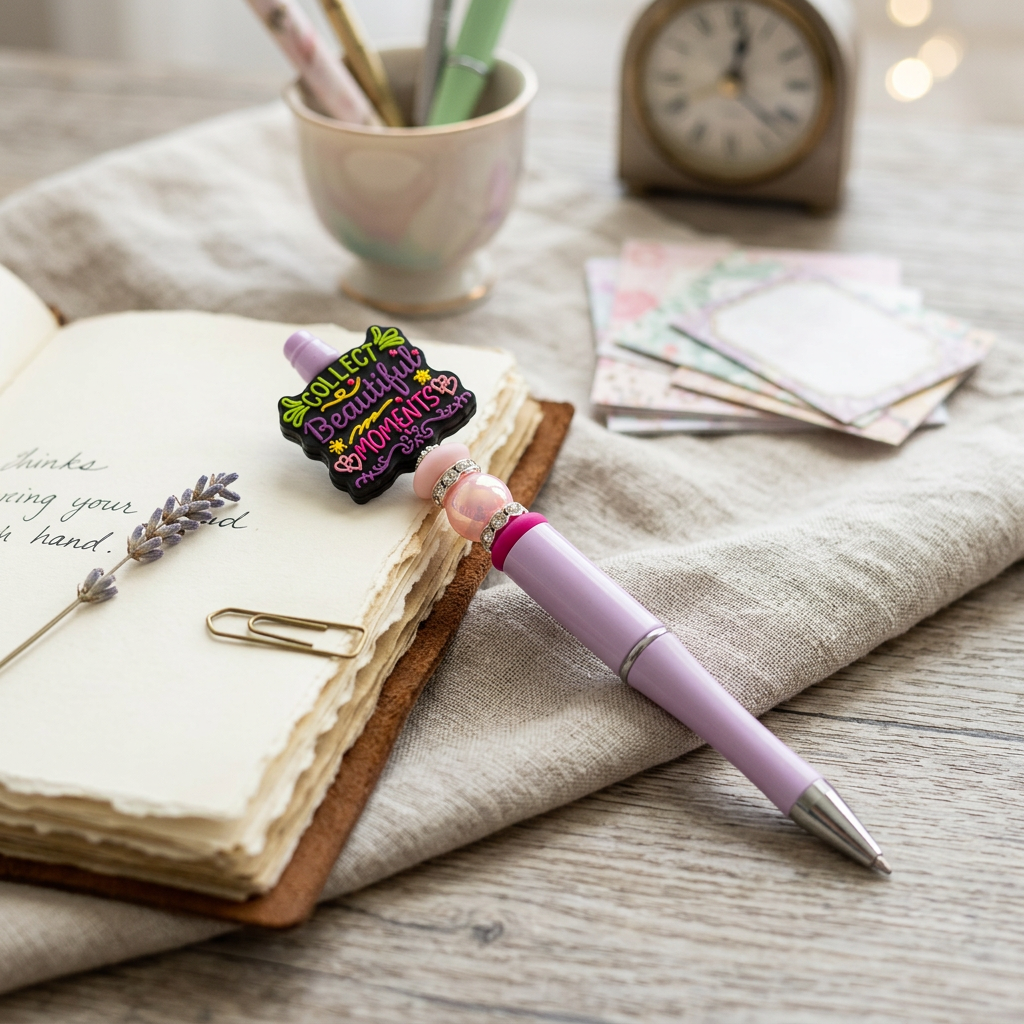Pink pen with decorative clip on an open notebook with a cup of pens and clock in the background.