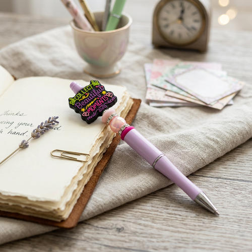 Pink pen with decorative clip on an open notebook with a cup of pens and clock in the background.
