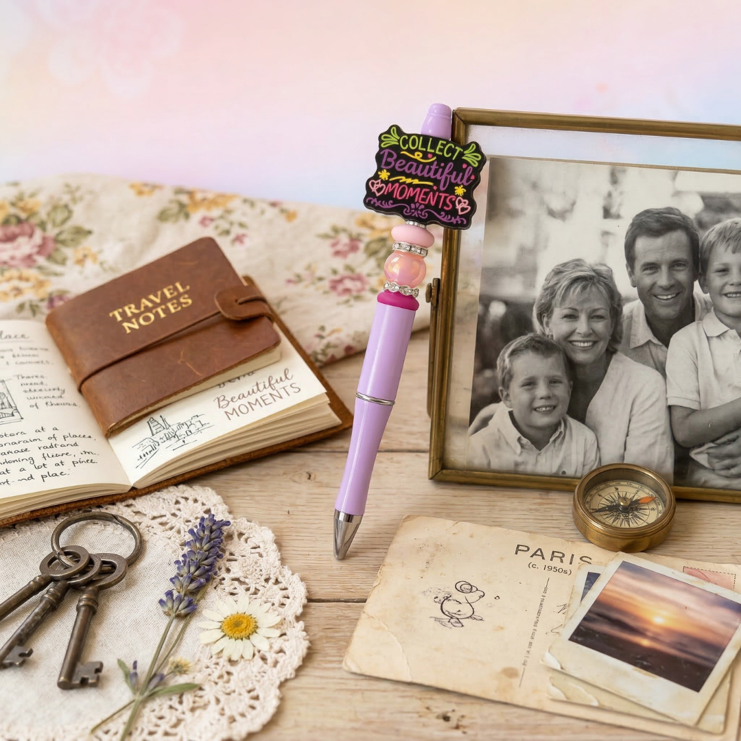Decorative pen with a photo frame, travel notebook, and vintage items on a wooden surface.