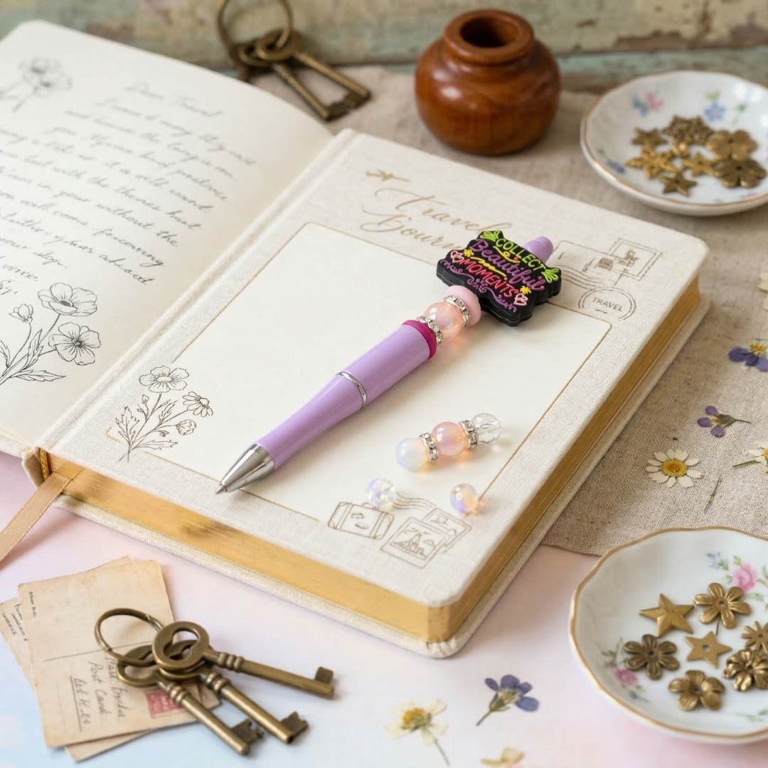 Decorative pen with decorative elements on an open notebook with keys and small items around.