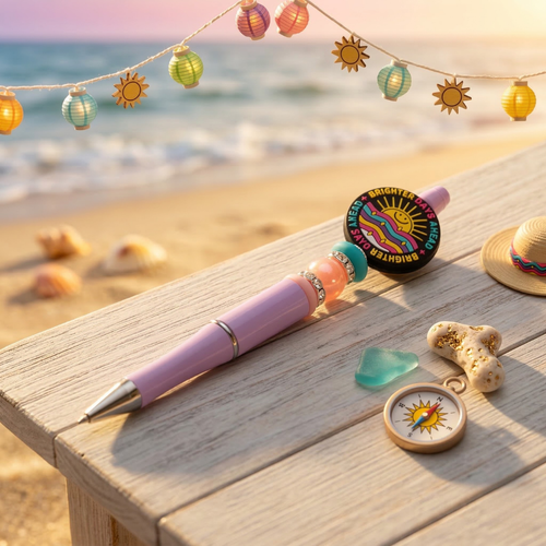 Colorful pen and decorative items on a wooden surface with a beach background