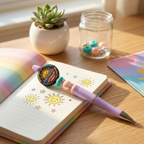 Pink pen with decorative top on a notebook, surrounded by a plant and jar on a wooden surface.