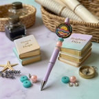 Purple pen with decorative top on a surface with books and small objects