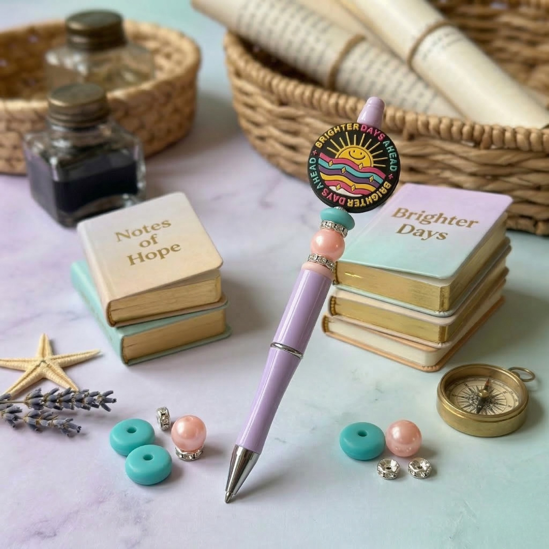 Purple pen with decorative top on a surface with books and small objects