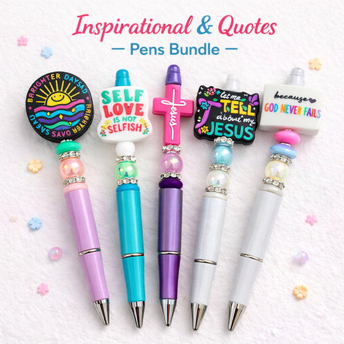 Set of colorful pens with motivational quote designs on a white background