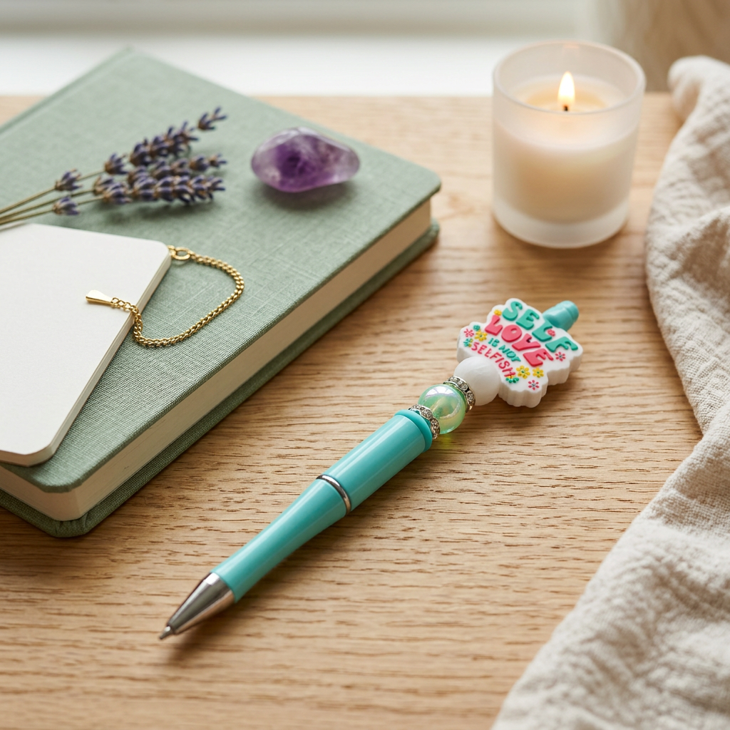 Turquoise pen with decorative top on a wooden surface next to a notebook, lavender, and a candle.