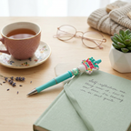 Turquoise pen with decorative top on a notebook next to a cup of tea, glasses, and a plant.