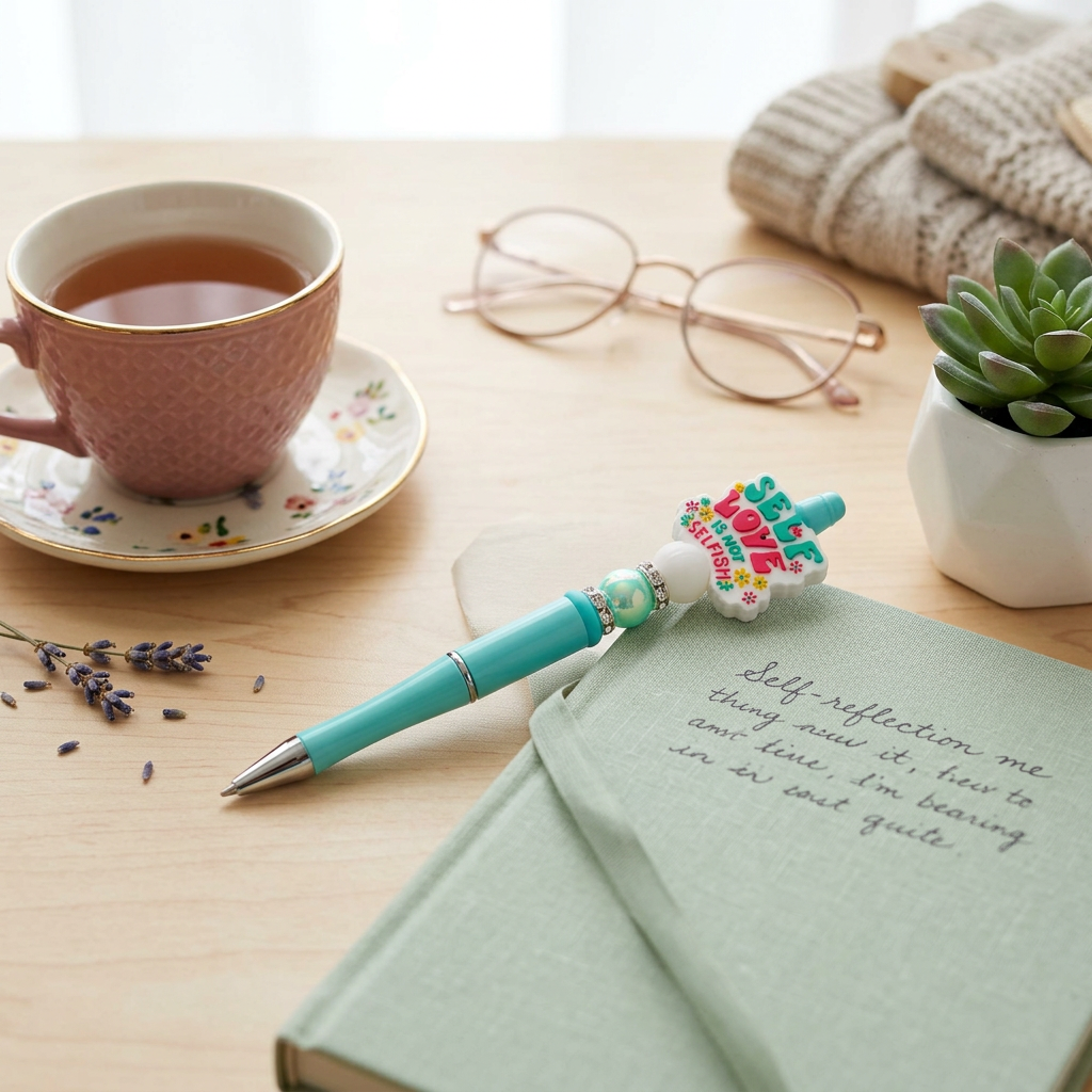 Turquoise pen with decorative top on a notebook next to a cup of tea, glasses, and a plant.