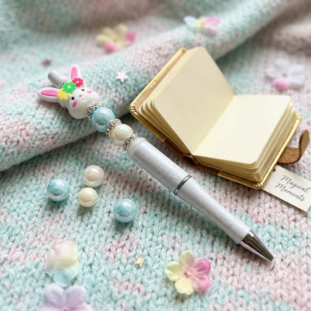 Decorative pen with rabbit charm on a soft fabric background