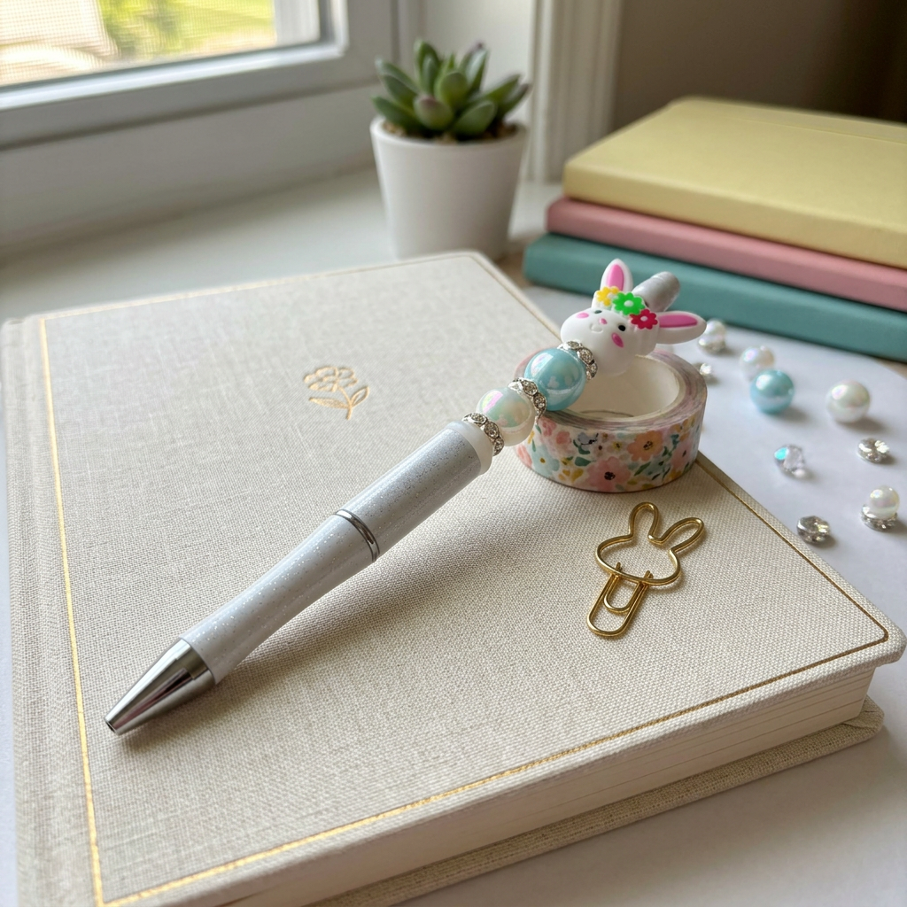 Pen, decorative tape, and rabbit-shaped clip on a notebook with a window and plant in the background
