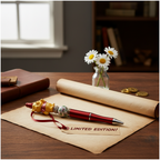 Cute bear character pen placed on desk with notebook
