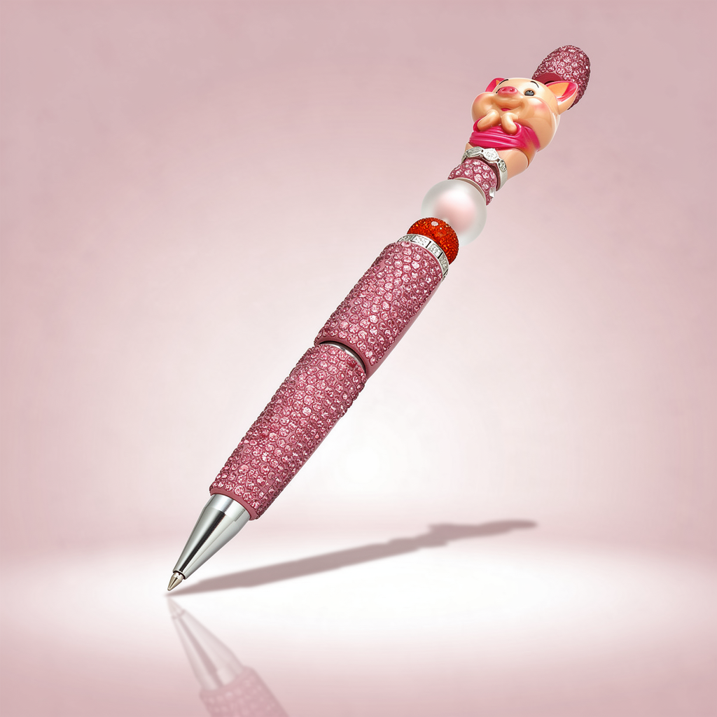Sparkly pink pig decorative rhinestone pen isolated on soft background