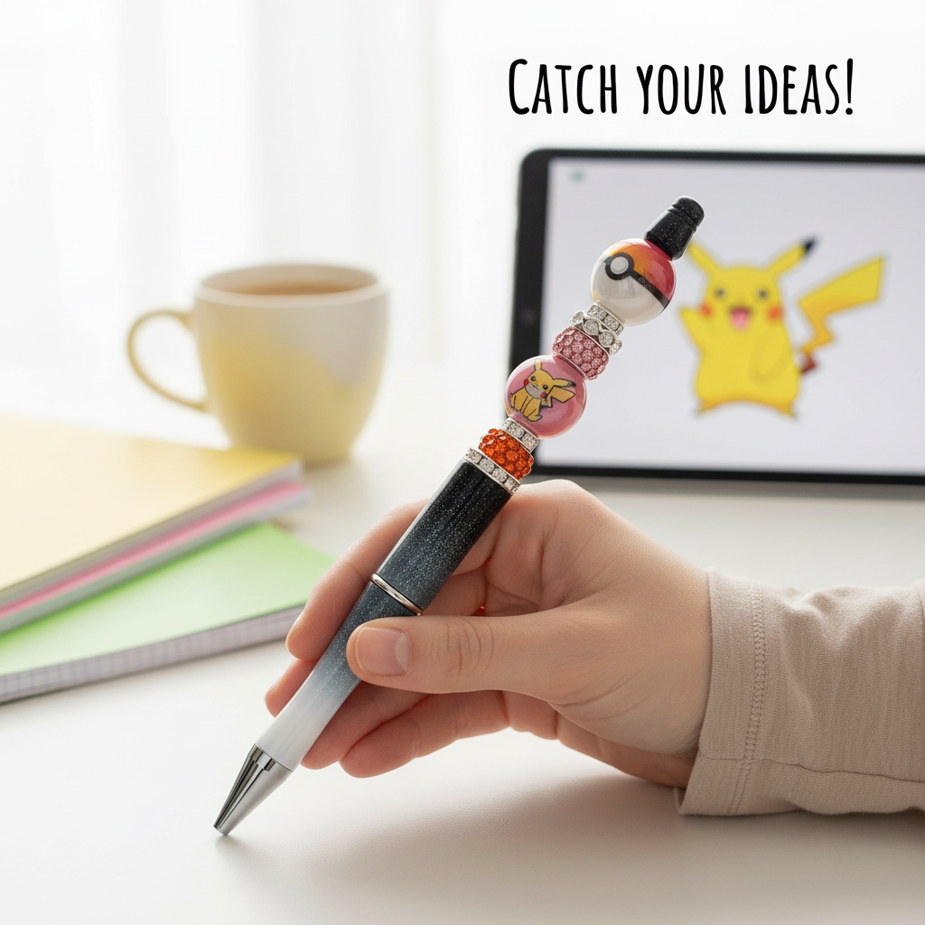 Hand writing with cute character novelty pen on desk
