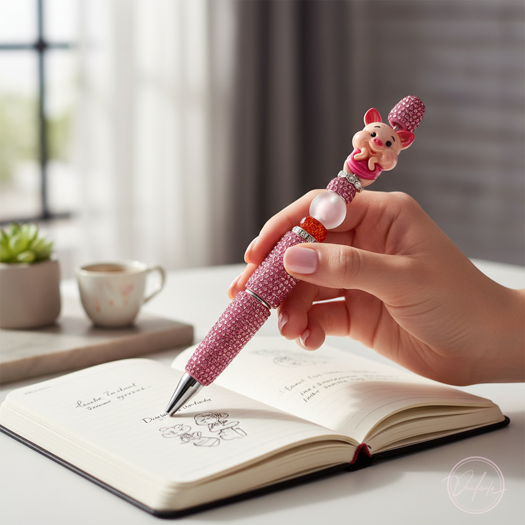 Hand writing with cute pig rhinestone decorative pen on notebook